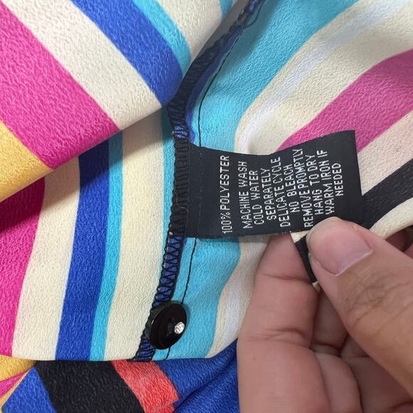 Vintage Mishca Striped Roll Tab Tunic Blouse Swim Cover Up Size L Bright 90s - Picture 9 of 9